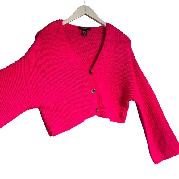 Forever 21 Bright Neon Pink Bell Sleeve Large Knit Button Up Cardigan size Large - Picture 6 of 6
